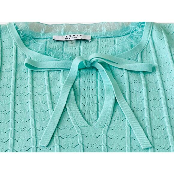 LIQUID BY SIONI SHORT LACE SLEEVE PULL-OVER BLOUSE, WOMENS, L, MINT GREEN, TIE - Picture 2 of 10
